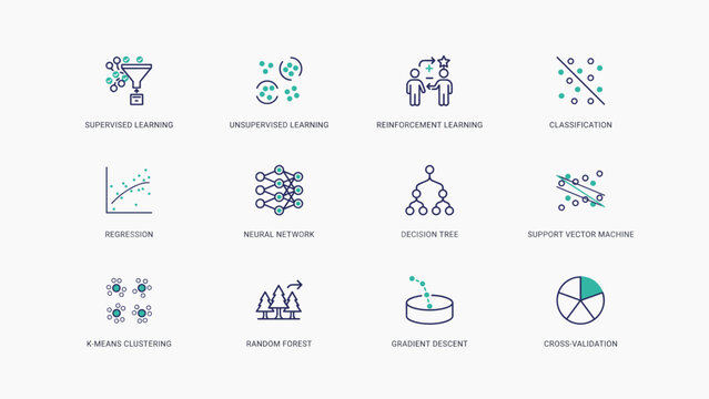 Supervised and reinforcement learning line icons &ndash; Suitable for statistics apps, classification software, or tech education.
