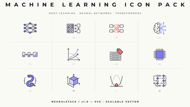 Indigo deep learning and neural network icons &ndash; Great for academic slides, artificial intelligence software, or tech blog graphics.