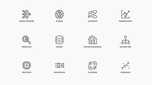 Minimal AI brain and decision tree outline icons &ndash; Great for artificial intelligence startups, software documentation, or developer blogs.