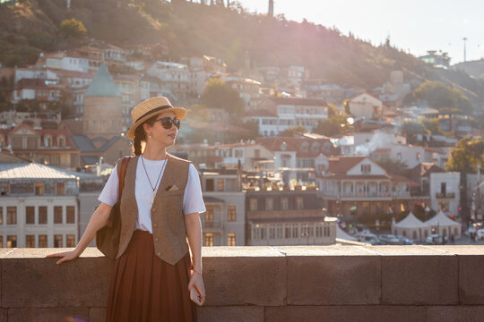 October 2024 Tbilisi Georgia woman overlooking city editorial
