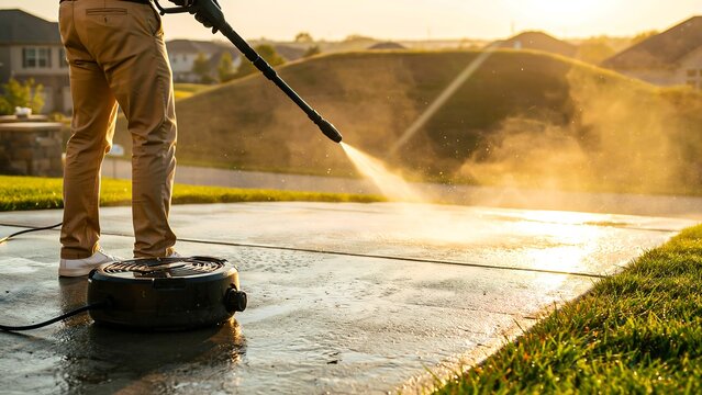 Pressure washing residential driveway with high pressure water cleaning service