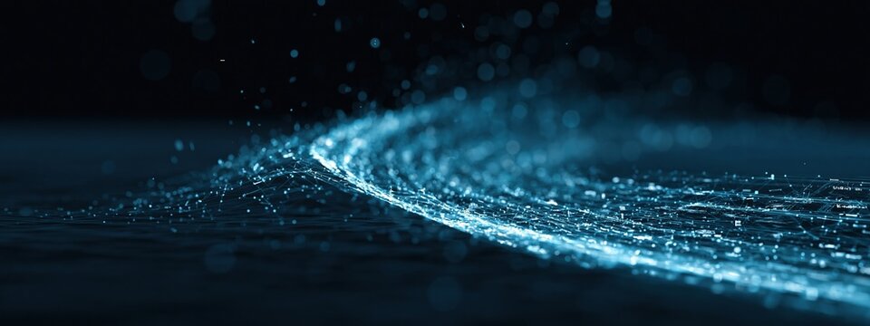 Glowing blue wave of particles in dark abstract digital background