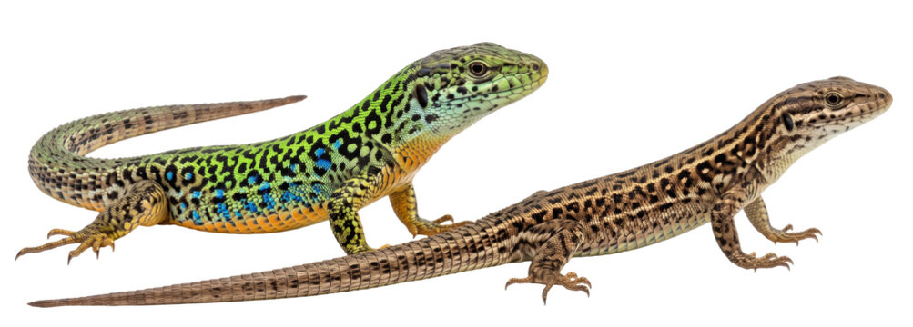 two colorful common wall lizards (podarcis muralis) standing side by side isolated on transparent background