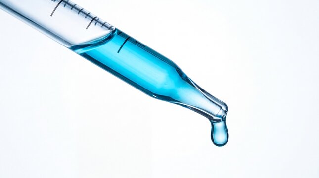 Glass pipette with blue liquid drop