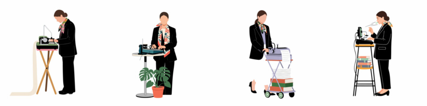 Illustration set of a professional woman using vintage office equipment and stenotype machines in various office settings.