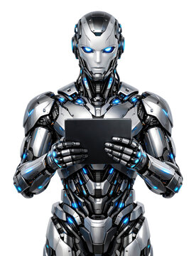 PNG Futuristic robot reading tablet.