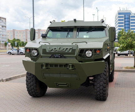 MINSK, BELARUS - JULY 3, 2026: Belarusian-made Volat V1 (MZKT-490100) light armored vehicle on public display during Independence Day celebrations.Travel