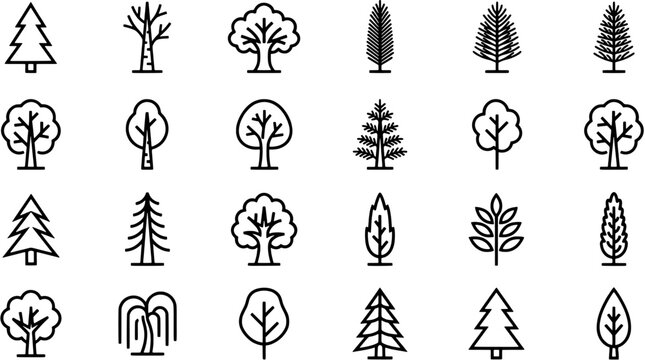 Tree icon set in a flat line art style including pine, birch, willow, spruce, coniferous, deciduous and broadleaf trees.