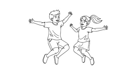 Fototapeta premium Happy Kids Jumping and Cheering, Outline Drawing, Celebration, Joyful Childhood