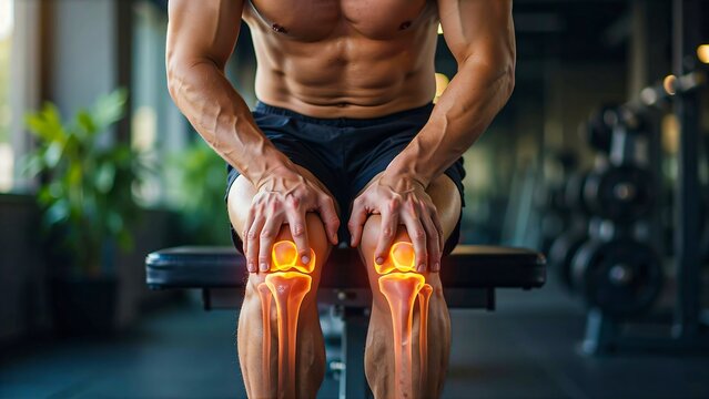 Muscular athlete holding painful knees in gym highlighting knee joint pain injury and sports rehabilitation