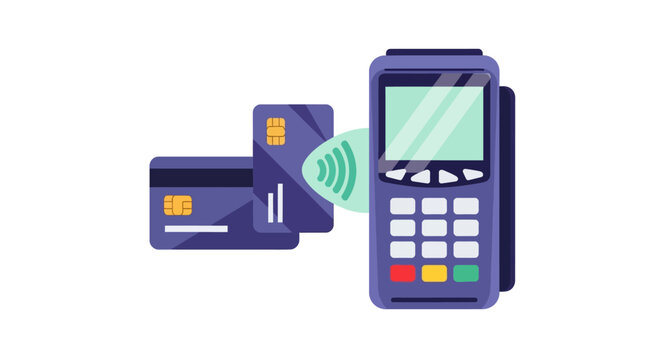 Contactless Payment Illustration with POS Terminal and Credit Cards, NFC Technology for Wireless Transaction and Secure Electronic Banking, Vector Icon on White Background
