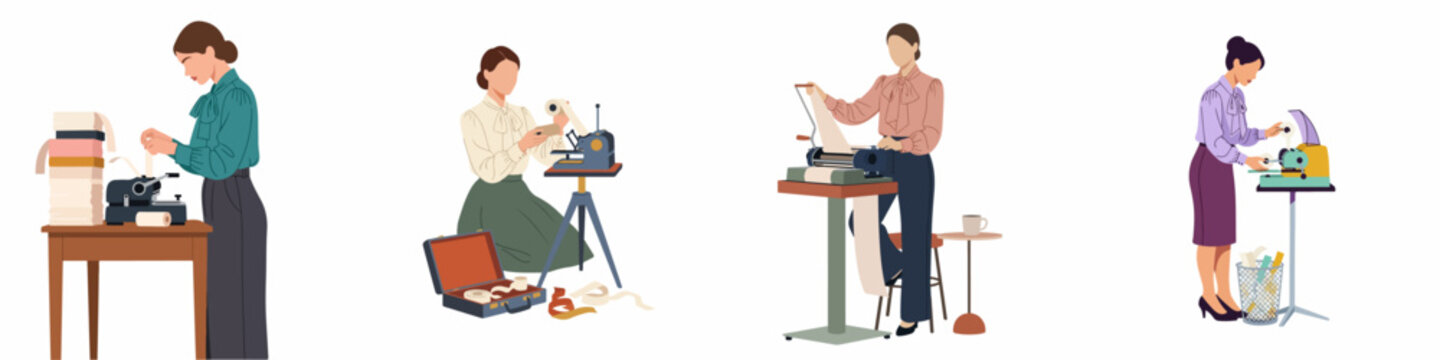 Set of vintage illustrations featuring professional women operating antique stenotype machines for court reporting and transcription on a white background.