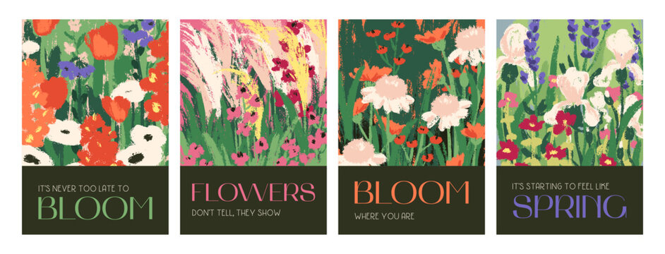 Modern floral posters, botanical wall art set. Field and meadow flower blooms, blossoms, wildflowers paintings. Spring and summer nature prints, crayon drawings. Hand-drawn flat vector illustrations