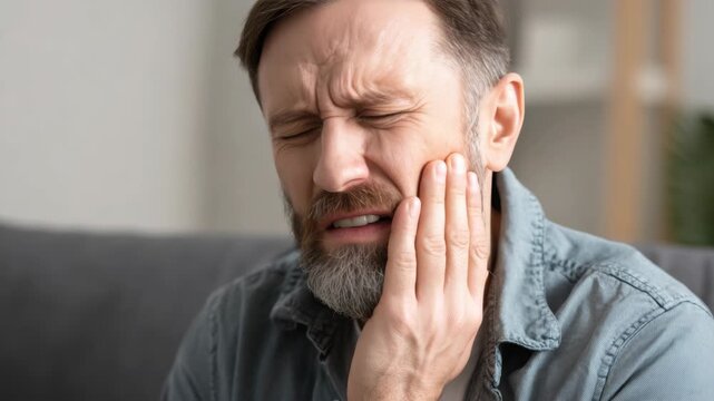 A bearded man grimacing in pain due to dental issues.