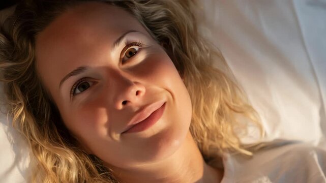 Soft sunlight warms her closed eyes. Curling hair rests gently on white sheets. Peaceful, serene expression. Natural, tranquil atmosphere. Ideal for rest, wellness, or calm imagery