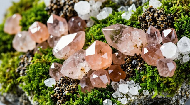 Close up view of pink morganite crystals growing on green mossy rock. Rough beryl mineral formations are clear and translucent with natural earthy texture.