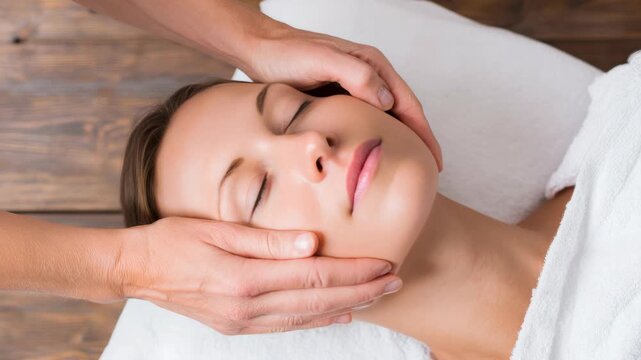 A woman is lying down with her eyes closed and mouth slightly open, looking serene as she receives a gentle face massage from the hands of a therapist. The surroundings appear to be calm and soothing.