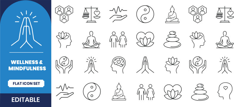 Wellness and mindfulness icon set editable line art for mental health resources