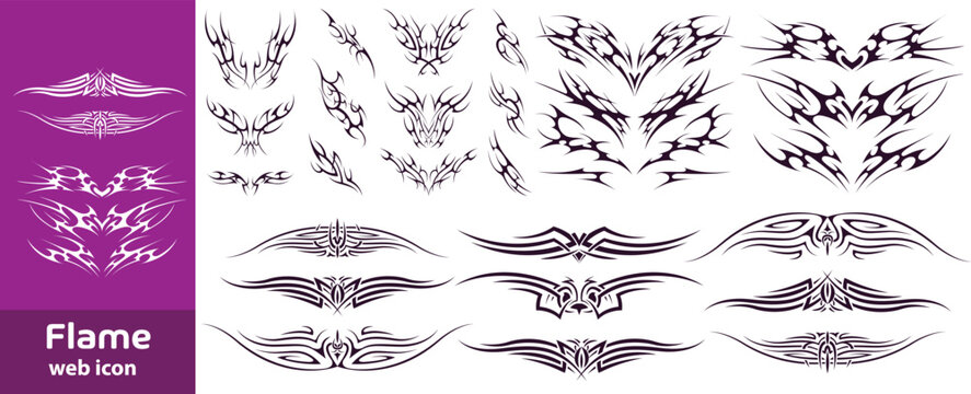 Flame decal silhouettes with black tribal fire shapes, sharp racing blaze graphics and curved burning icons for motorcycle stickers, automotive tuning, tattoo and logo design