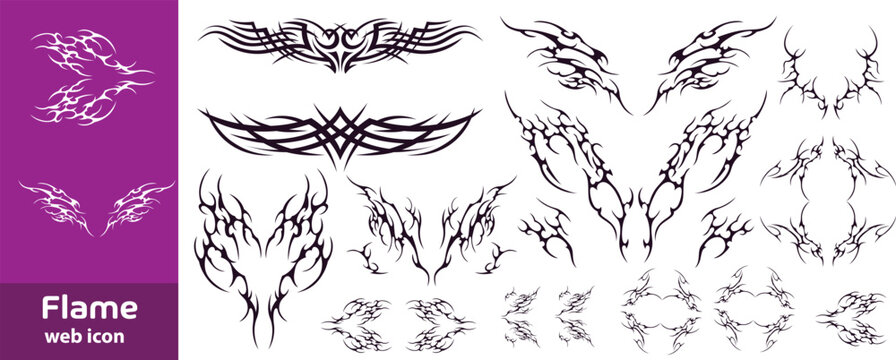 Flame decal silhouettes with black tribal fire shapes, sharp racing blaze graphics and curved burning icons for motorcycle stickers, automotive tuning, tattoo and logo design