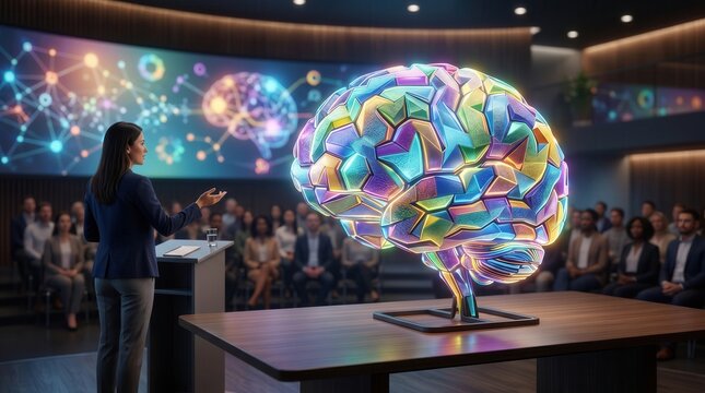 Businesswoman presenting neurodiversity concept with colorful brain model. Diverse audience listening in modern inclusive coworking space.