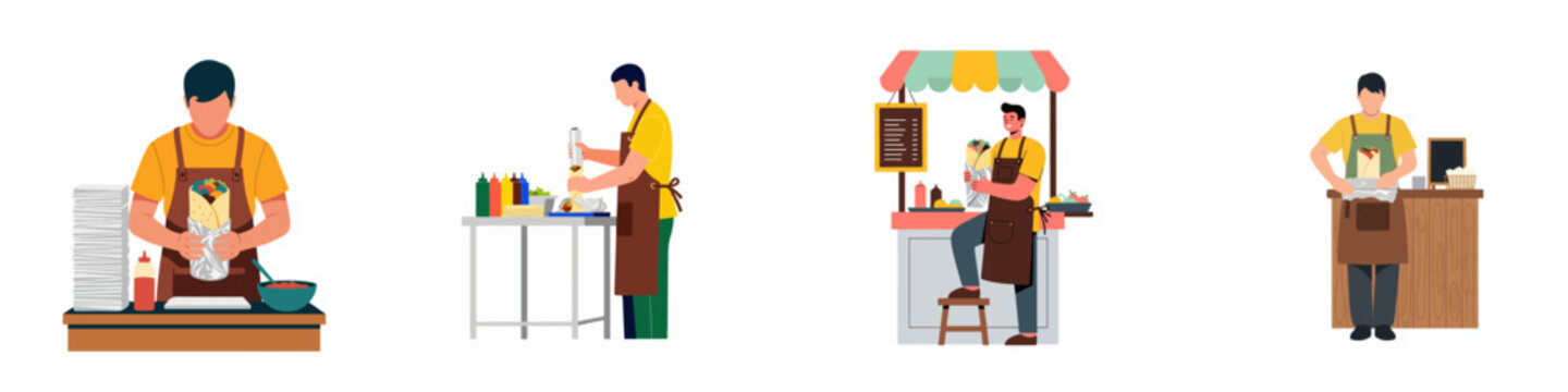 Set of vector illustrations depicting a street food vendor preparing, wrapping, and serving delicious burritos or shawarma at various stalls and counters.