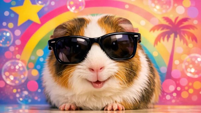 A small hamster wearing dark sunglasses sits on a colorful, psychedelic background. The hamster looks content and relaxed.