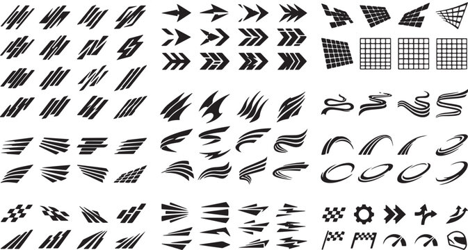 Set of racing speed lines abstract shapes and checkered flag elements for automotive decals