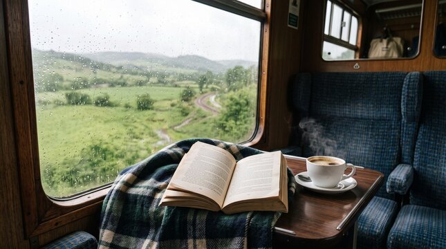 Cozy window seat on a train with a book, hot drink, and rainy country views