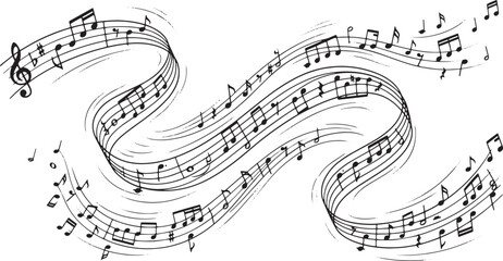 Abstract music notes staff with flowing melodic lines for musical background design © PostNest