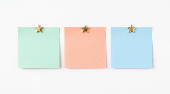 Three colorful sticky notes with gold star pins