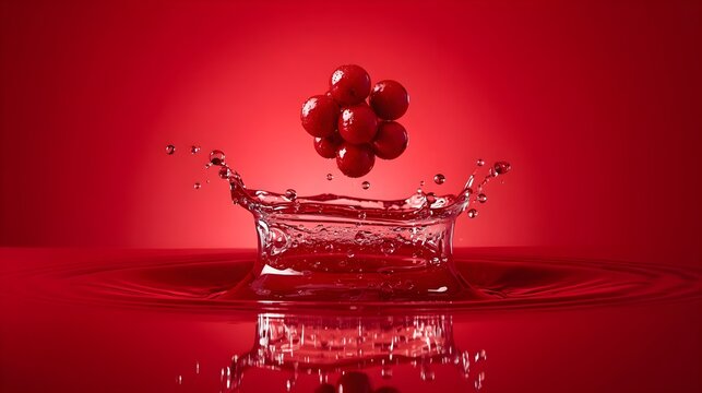 Juicy Red Cranberry Bunch Water Splash with Crown Ripples on Vibrant Red Background