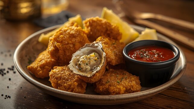 Crispy Fried Oysters Platter with Fresh Oyster on Shell and Red Dip Sauce