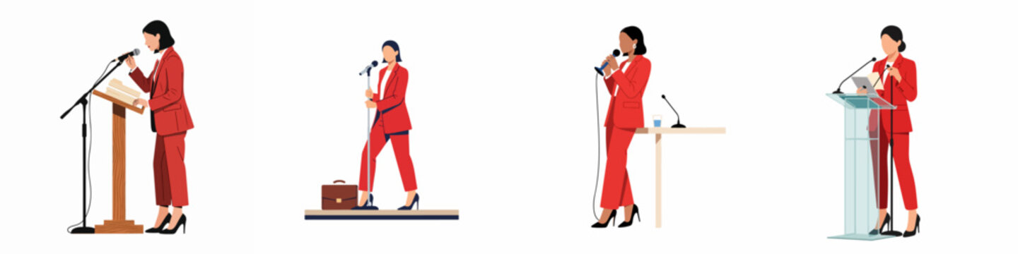 Set of flat illustrations featuring a professional businesswoman in a red suit giving public speeches and presentations at various podiums and microphone stands.