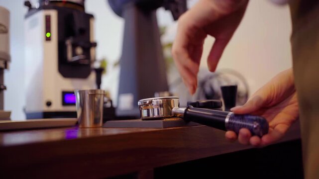 Barista using coffee distributor tool to level grounds in portafilter
