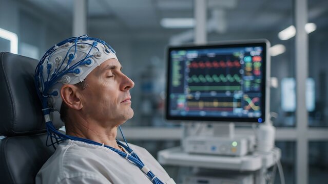 Medical procedure with man having eeg brain activity test while sitting on comfortable chair in modern hospital room with electronic monitoring equipment connected to his head via electrodes.