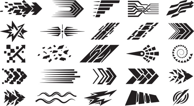 Set of abstract speed shapes and dynamic motion graphic elements for racing car decals