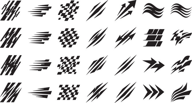 Set of abstract speed motion lines and checkered flag graphic elements for vehicle decals