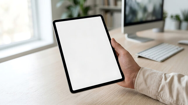A person holds a tablet with a blank screen on a desk in an office.
