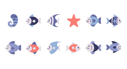 Cute Marine Life Icon Collection Featuring Stylized Tropical Fish and Vibrant Sea Creatures for Underwater Wildlife Illustration © reyro22