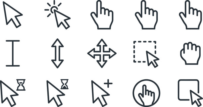 Minimalist Mouse Cursor and Pointer Line Icon Set Featuring Arrow Hand Click Text Selection Hourglass and Move Symbols for User Interface UI UX Graphic Designs