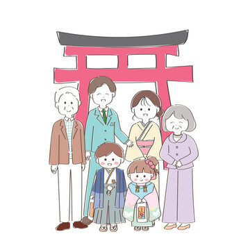 七五三のお参りの記念撮影風景（3世代）