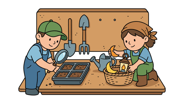 Children gardening planting seeds and tending plants