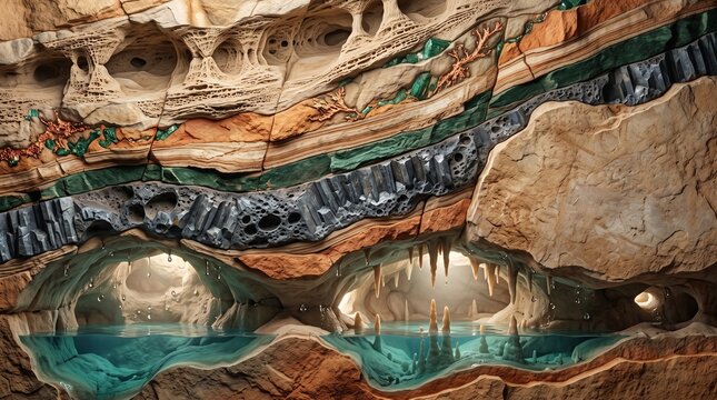 Geological cross section illustration of underground cave system, subterranean rock layers with mineral veins, limestone cavern with turquoise water