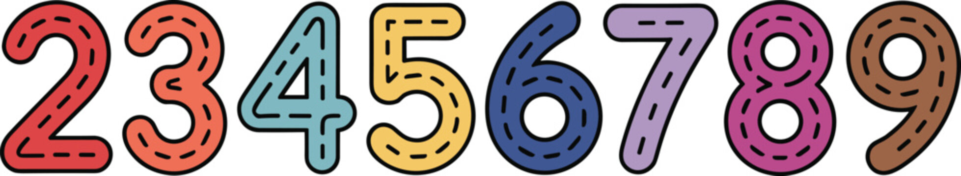 Cute colorful trace numbers vector collection featuring cartoon school kids math digits set with dashed paths isolated on white background