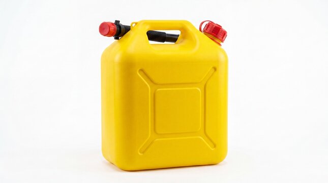 Yellow plastic fuel can with red cap for gasoline storage