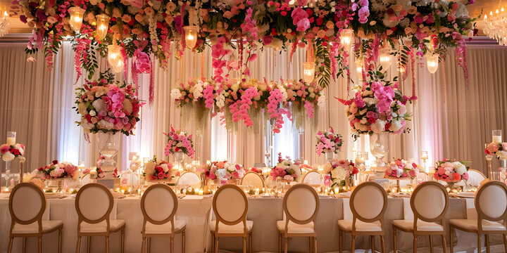 Lavish floral arrangements adorn a long banquet table set for a celebration.