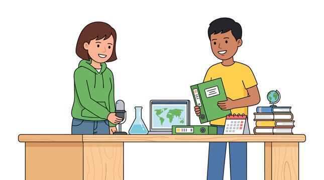 Students at desk with school supplies and technology