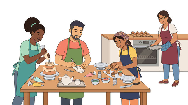 Family baking and decorating cakes and cupcakes together