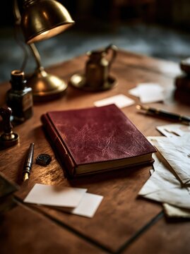 Vintage desk with legal documents and lamp, office paperwork scene